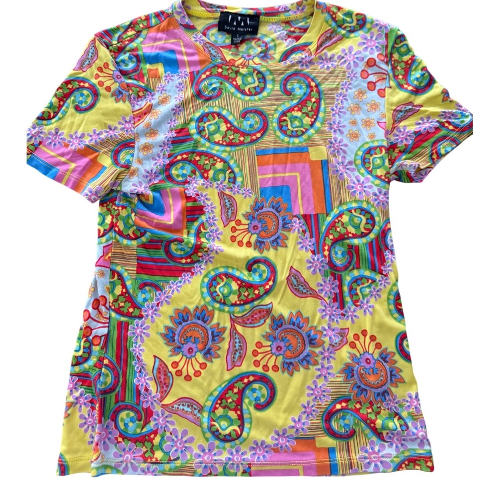 David Meister Silk Top Womens Small Yellow Paisley Floral Short Sleeve Tee